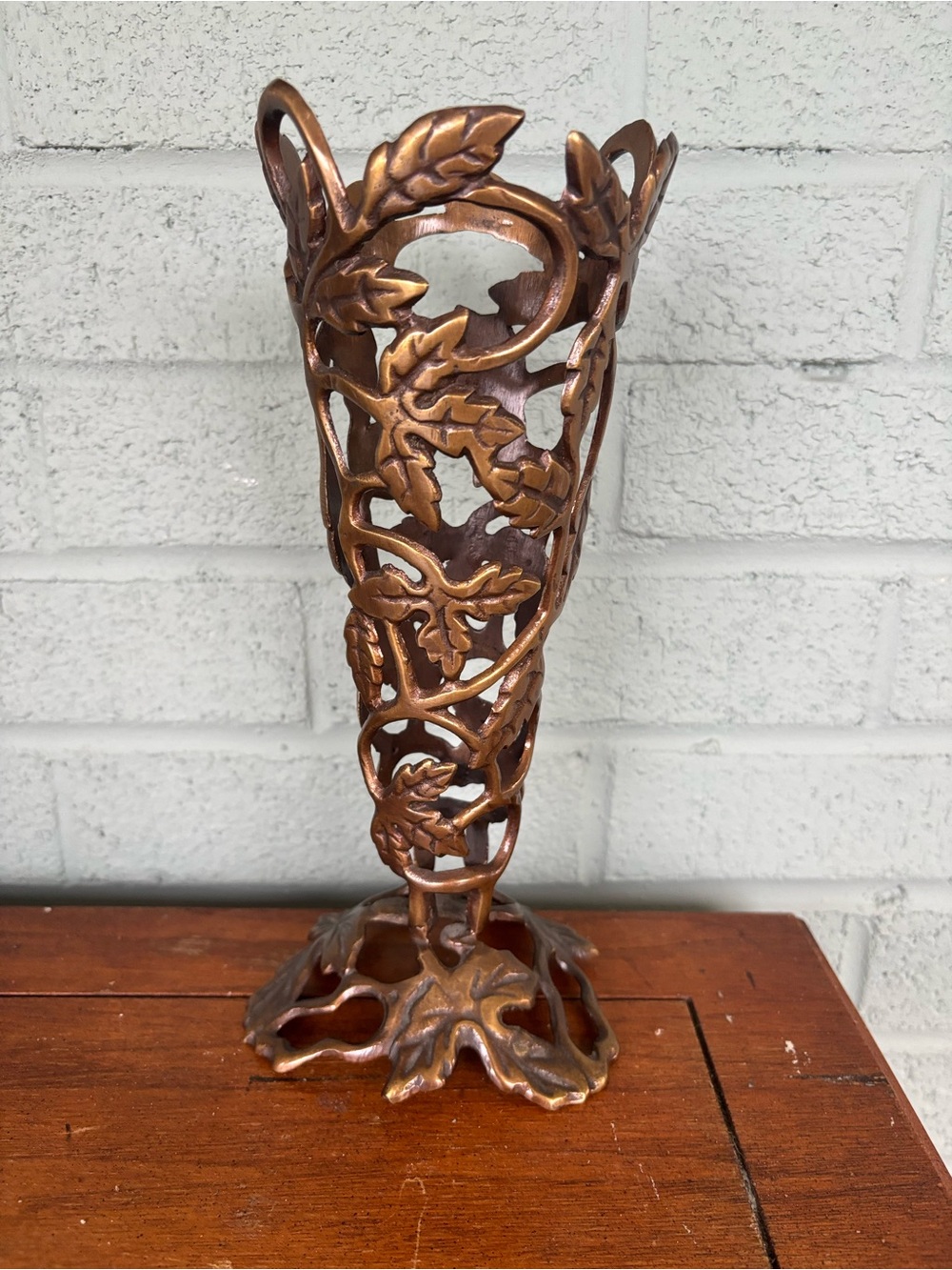 Vintage Brass Jali Cut Leaf Filigree Vase-10”